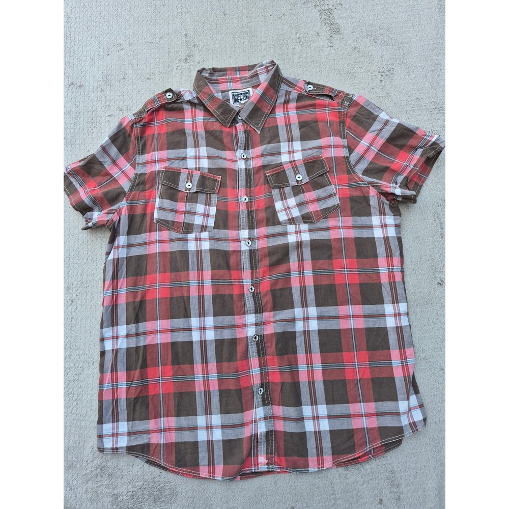 Converse One Star Mens XL Short Sleeve Plaid Button Down Shirt Red Brown Utility
